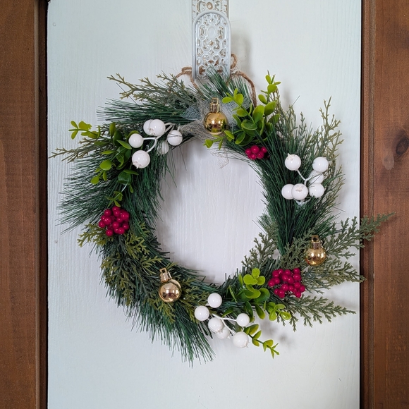 Handmade Other - Handmade Faux Green Wreath With Faux Holly & Mistletoe & Tiny Ornaments